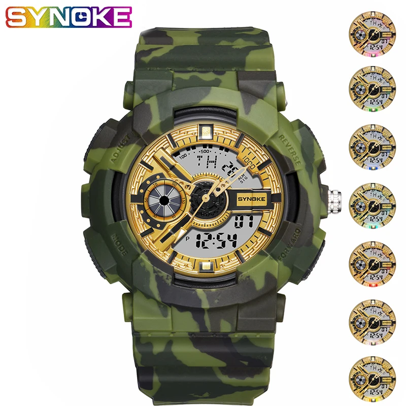 

SYNOKE Men Sport Military Digital Watch Colorful Luminous Waterproof Shock Electronic Army WristWatch Camouflage Double Display