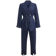 Модный брючный костюм женский осенний британский стиль большой размер костюм женский пояс эластичный двухсекционный костюм женский sizeXL-5XL