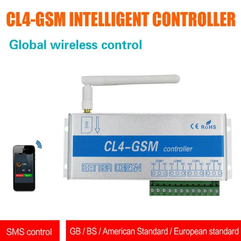 

CL4-GSM Smart GSM Controller Switch 4 Relay SMS Call Remote Control for Light Gate Door Opener Security Wireless Control Z25