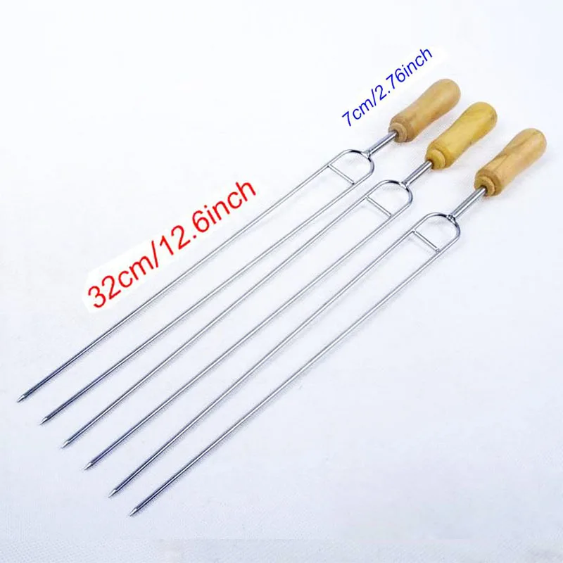6pcs Stainless Steel BBQ Fork Needle Wooden Handle Row U BBQ Roast Barbecue Skewers Picnic Camping Tools Accessories