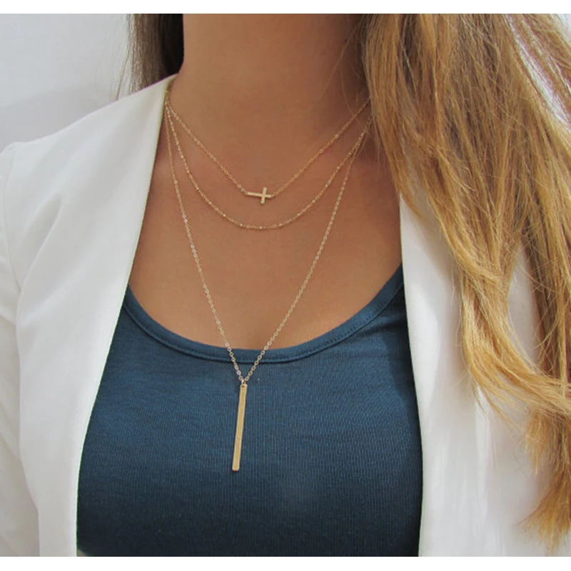 

2018 Retro simple copper beads chain alloy cross metal rod 3 layer Set Pendant Necklaces Bohemian jewelery LXL097