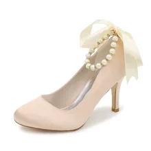 Elegant pearl beading ankle strap ribbon bowknot ladies dress shoes for bridal wedding party evening blue white small big size