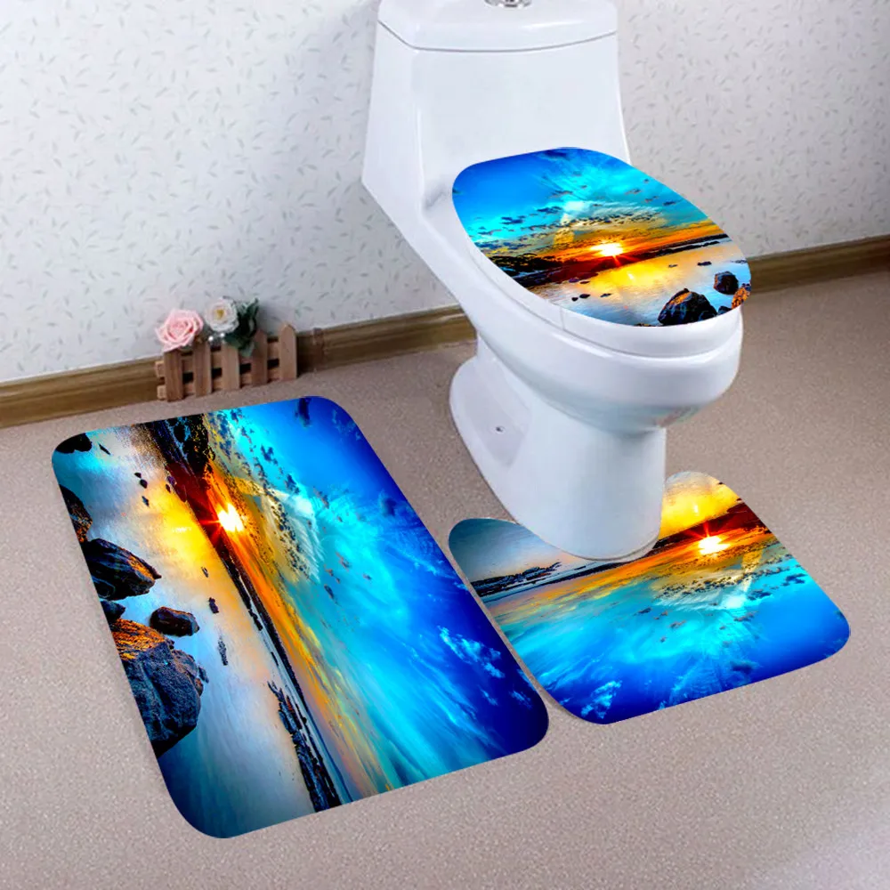 

New Creative 3 Pcs Bathroom Floor Carpet Non-Slip Pedestal Rug + Lid Toilet Cover + Bath Mat Set Absorbent Bathroom Rug Carpets