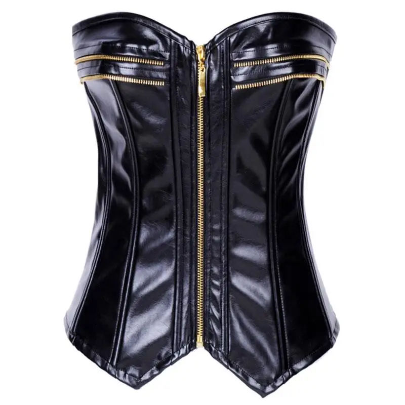 Burlesque Women Black Faux Leather Corset Gothic Club Bustier Sexy