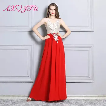 

AXJFU European and American deep V-neck long model perspective suit white lace v neck red chiffon sleeveless beach evening dress