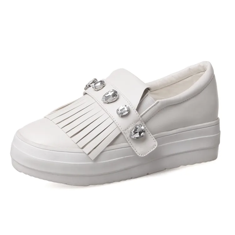 2018 NEW Women Easy White Silver Shoes PU Leather Flats Slip On Loafers Crystal Tassel  Female Light Sneakers Women Size 31-43 (12)