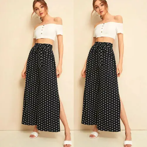 

2019 Women Fashion Wide Leg Pants High Waist Loose Casual Baggy Pant Summer Style Black Dot Casual Pants Female Trousers