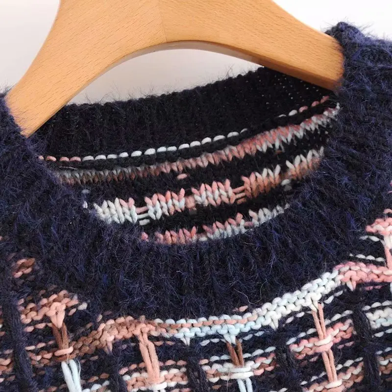 Вязаный женский свитер, Осенний теплый свитер, цветной лоскутный свитер, Женский Повседневный пуловер с разрезом, топы, пастельный свитер