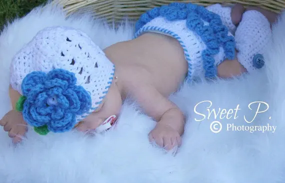 

free shipping,Newborn Baby Girl Crochet Beanie Hat blue Large flower hat & Diaper Cover Set, 0-6 Months newborn photography prop
