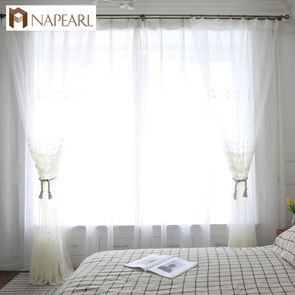 

NAPEARL 1 Piece Embroidery Floral Design Sheer Curtains For Bedroom Windows White Tulle Drops Thread Fabric All Match Home Decor