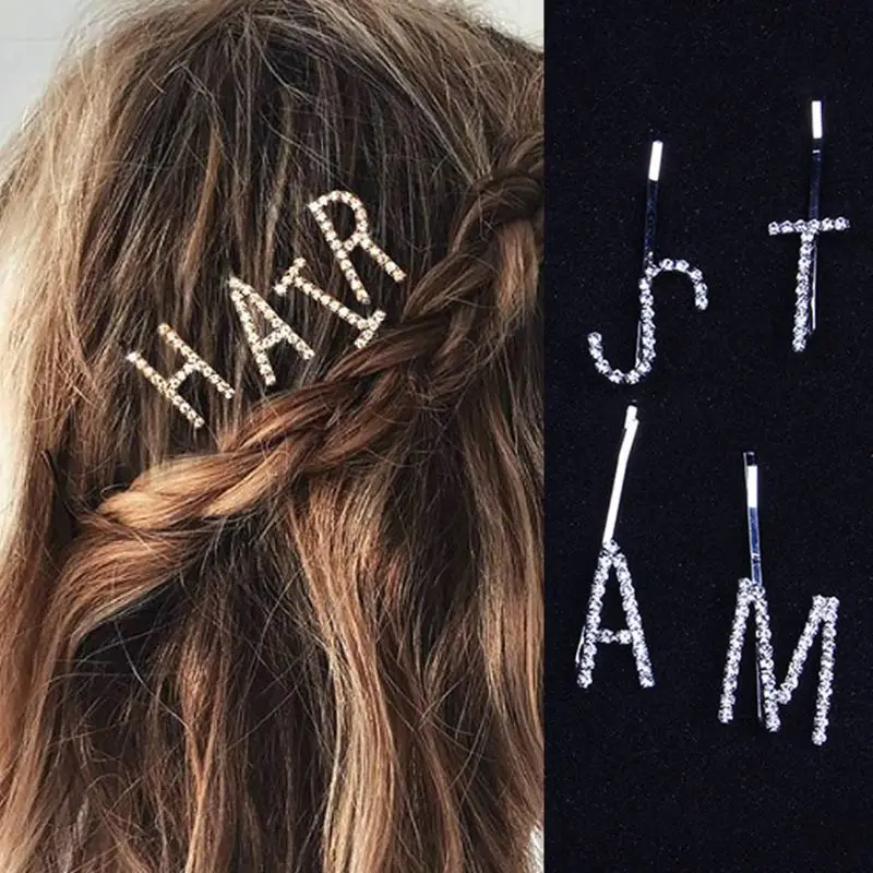 

Women Big A-Z Capital Letters One Word Hairpin Minimalist Glitter Rhinestone Alphabet Hair Clip Side Bangs Hair Styling Barrette