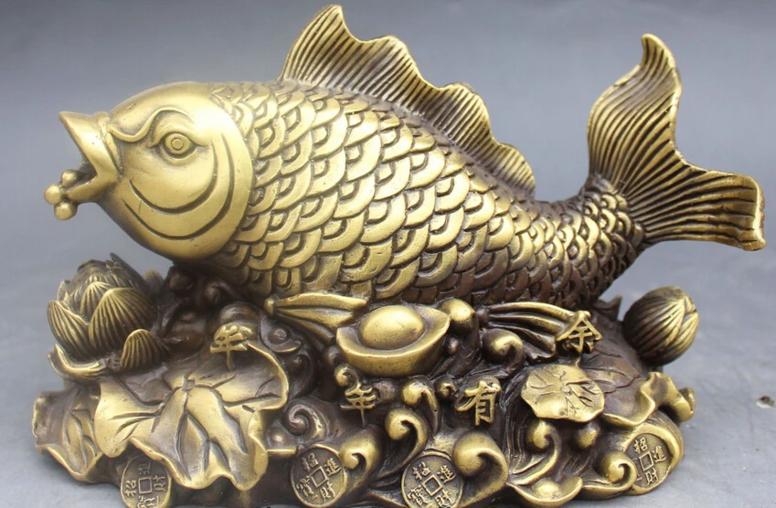 

zhu668814+++8" Chinese Bronze Money Wealth Yuanbao Lotus Leaf Fish Barracuda Animal Statue