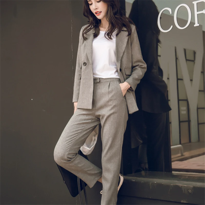 Women 2 Piece Sets Gray Casual Blazer & High Waist Pant Office Lady Notched Jacket Pant Suits Korean suit Femme