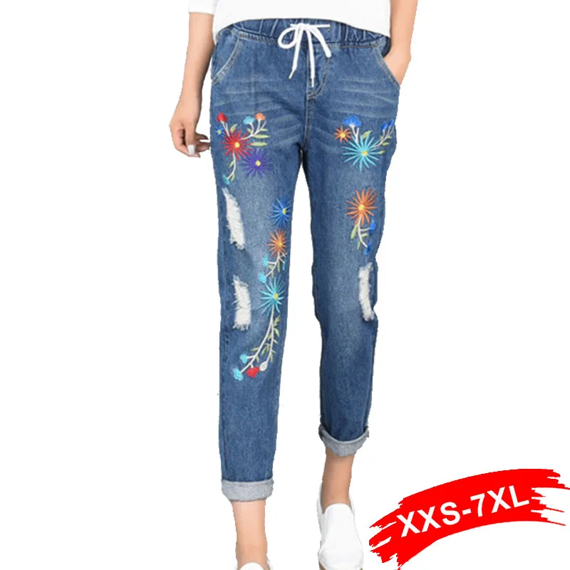 

Plus Size Embroidery Hole Elastic Waist Loose Harem Jeans Oversized Ankle Length Women Denim Pants 4Xl 5Xl Xs 6Xl