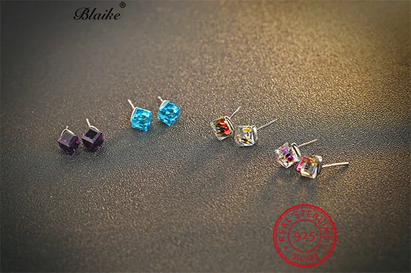 Blaike Mystic Rainbow Fire Topaz Crystal Square Stud Earrings For Women Real 925 Sterling Silver Gradient Earrings Fine Jewelry