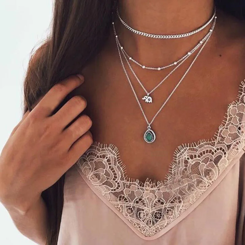 

New Vintage Multilayer Elephant Silver Chain Bead Choker Women Pendant Necklaces Simple Dainty Jewelry Gifts
