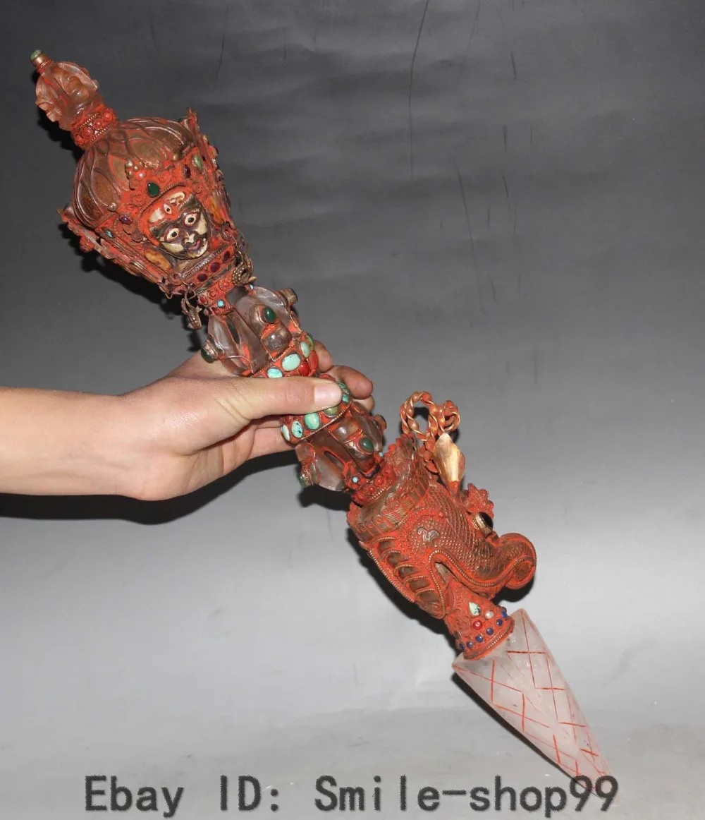 22&quot Tibet Crystal inlay Ruby Beryl Hayagriva Vajrakila Fa Qi Dagger Vajra Pestle |