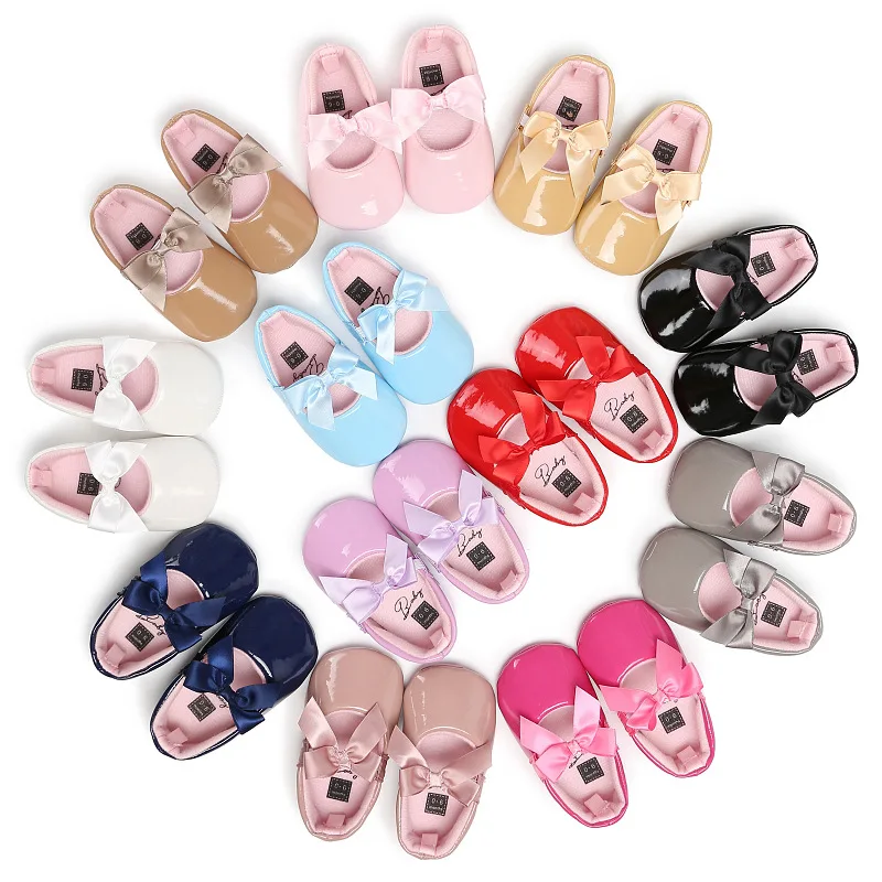 Toddler Infant Baby Girl dress shoes with cute bow PU leather Newborn first walker crib shoes soft sole baby moccasins 12 colors