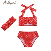 Одежда arloneet; детский купальник для девочек; Топ без рукавов; шорты в горошек; пляжная одежда; повязка на голову с бантом и высокой талией; коллекция года; летний купальник для девочек