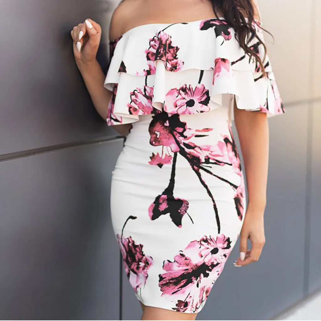 

2019 Summer Women Fashion Sexy Dresses Double-Layer Ruffled Floral Slim Shoulder Sundress Dress Robe Femme Elegant Vestidos