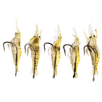 

5pcs/lot Soft Silicone Simulation Fishing Lure Shrimp Prawn Bait Artificial Bait With Swivel Yellow Fishy Smell Single Hook 4cm