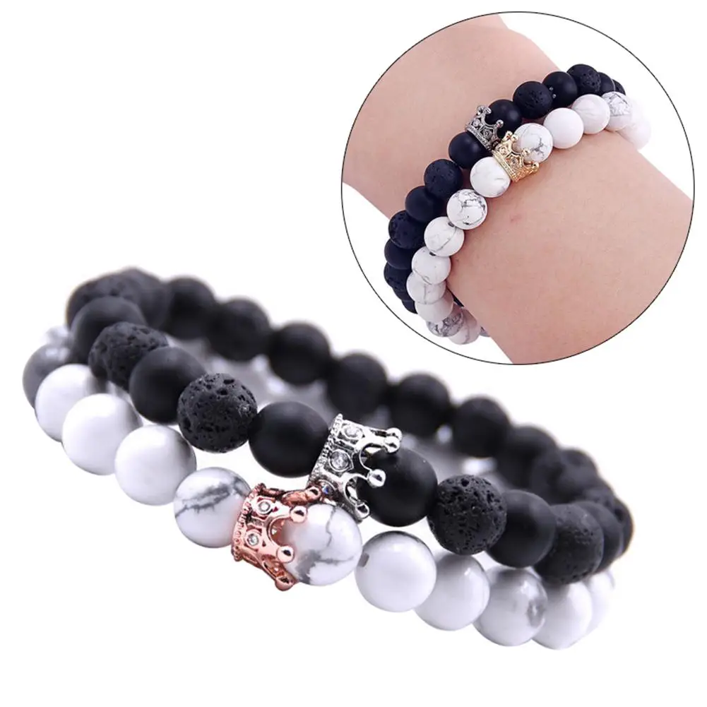 

2Pcs Couples Men Women Alloy Crown Natural Stone Beads Bracelets Jewelry Gift hot