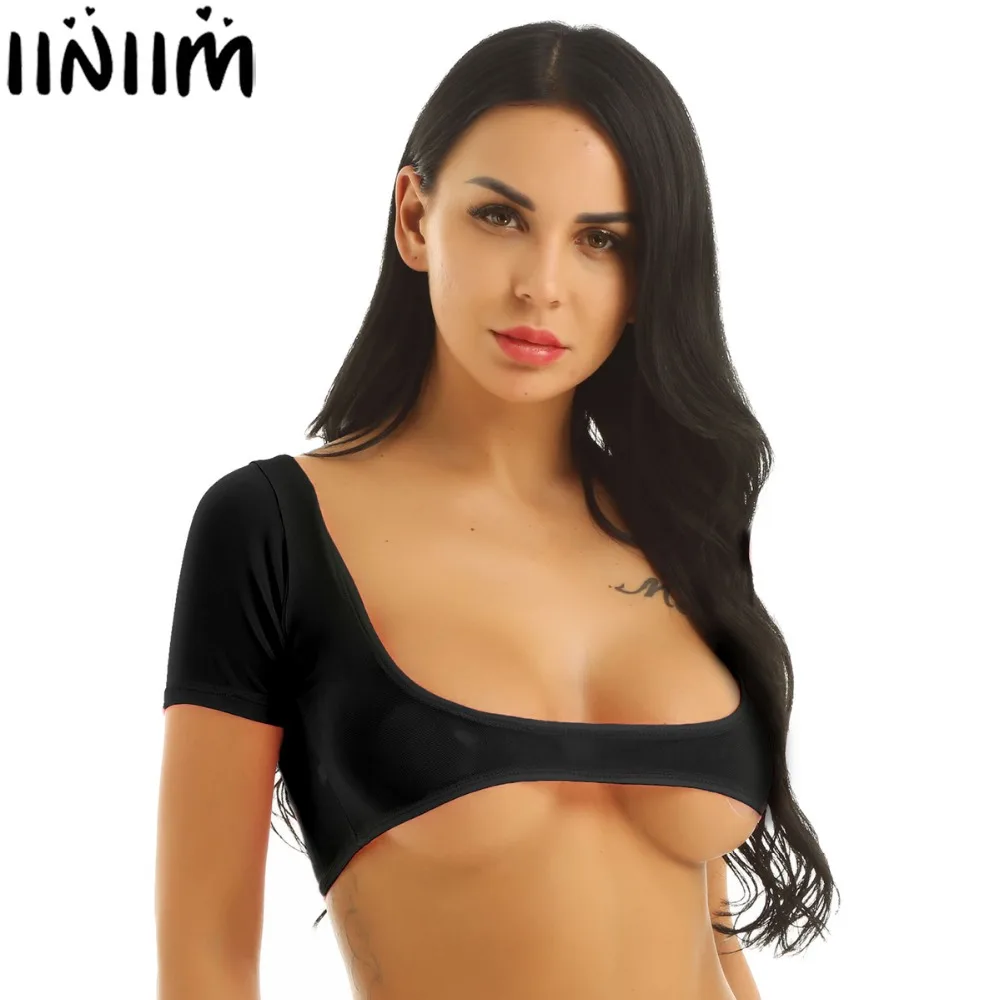 

iiniim Womens Mesh See Through Sheer Open Bust Leotard Costume Adult Female Belly Dance Crop Top for Sexy Night Clubwear