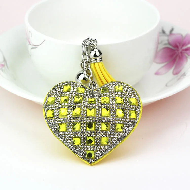 Fashion Keychain Heart Shape Female Full Glass Beads Key Covers Mosaic Leather Fringed Key Chain Car Ring Cap Gift