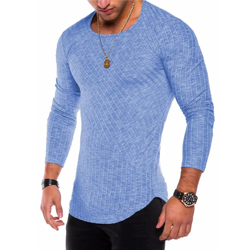 

2018 Spring And Autumn New European And American Style Pit Strip Solid Color Arc Pendulum Round Neck Long Sleeved Male T-Shirt