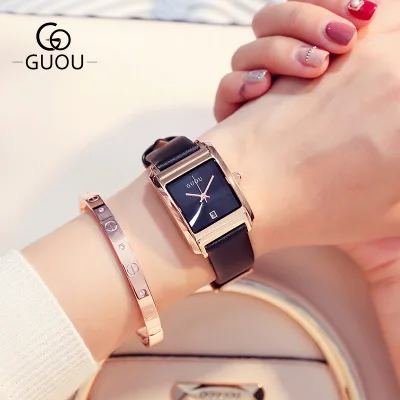 

New GUOU Brand Fashion Casual Ladies Dress Waterproof Quartz Watch Women simple calendar Leather Watch Hot Sale Braslety zhenski