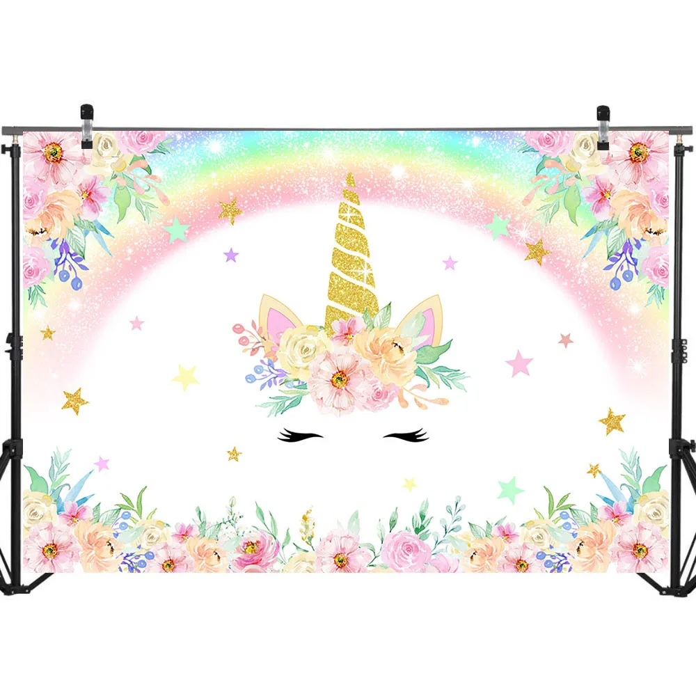 

Rainbow Unicorn Backdrop Unicorn Birthday Party background for photo Unicorn Flowers photography backdrops photophone