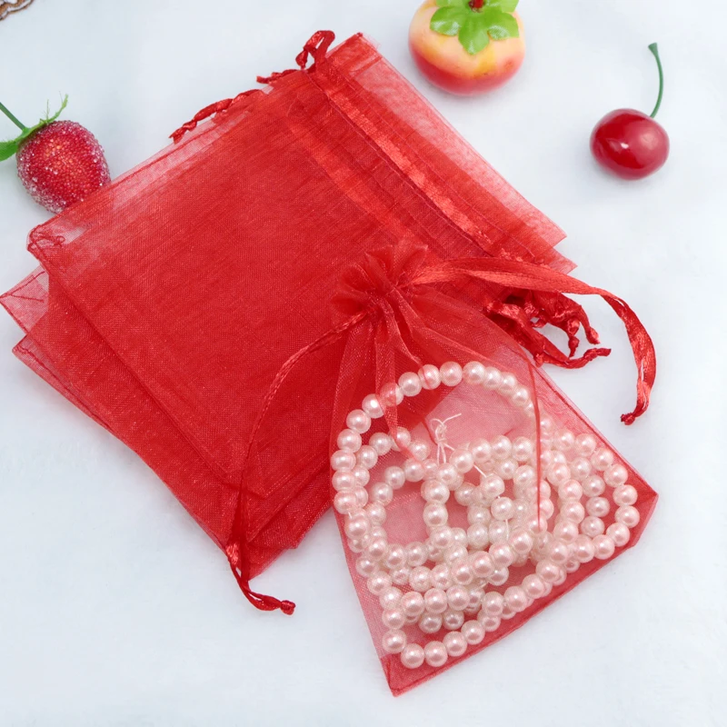 200Pcs 9cmx12cm red Organza Gift Bags Wedding/Christmas Favor For ...
