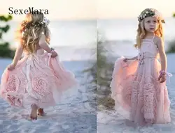 Индивидуальный заказ розовый Платье в цветочек для девочек для Свадебное кружево Аппликация оборками Строгая детская одежда для девочек
