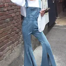 Винтажный корейский ремень Комбинезоны на подтяжках Pocke split Flares Bottom джинсовые брюки на молнии джинсовые брюки комбинезон женский сексуальный