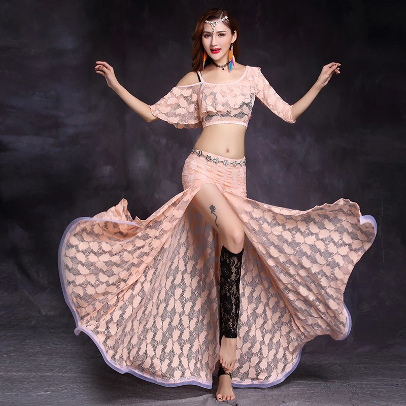 

New Fashion Women Dance Clothes Floral Lace Class Wear Off-shoulder Side Slit Belly Dance Costume Set Top and Skirt