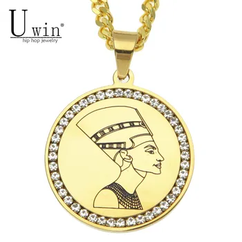 

Stainless Steel Ancient Egyptian Queen Pendant Necklace whit Zircon Gold Egypt Nefertiti Head Portrait Jewelry For Women Men