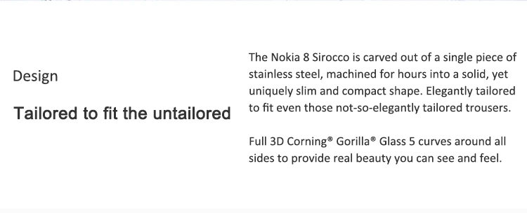 NOKIA 8 Sirocco 6GB RAM 128GB ROM Qualcomm Snapdragon 835 2.36GHz Octa Core 5.5 Inch POLED Corning Gorilla Glass 5 2K 3D Curved Screen IP67 Waterproof Dual Camera Android 8.1 4G LTE Smartphone