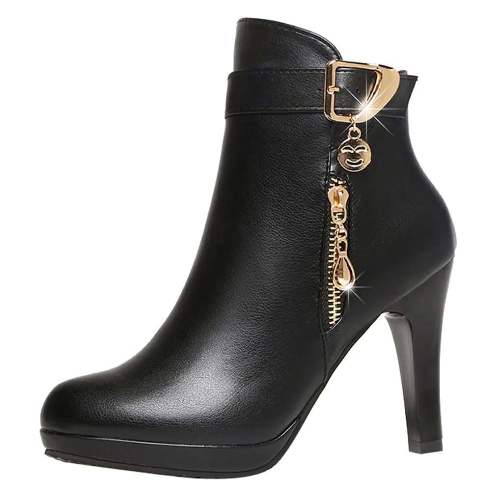 YOUYEDIAN/Женская обувь на высоком каблуке; короткие сапоги-трубы; кожаная однотонная обувь на молнии с круглым носком; женская обувь; осенние ботинки; femme av# G30 - Цвет: Черный