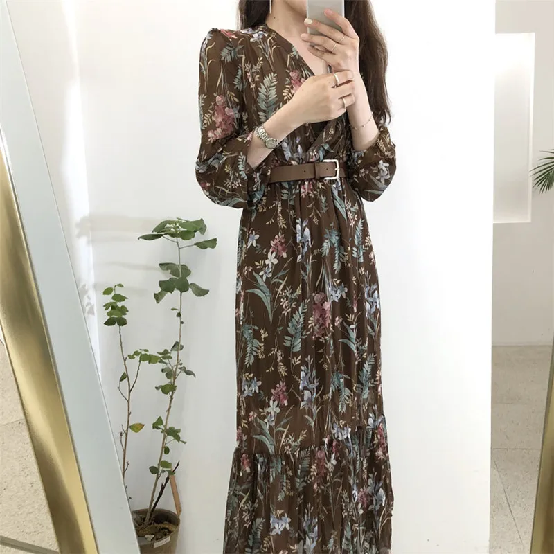 BGTEEVER элегантное женское платье с v-образным вырезом и цветочным принтом с расклешенными рукавами А-силуэта женское шифоновое платье 2019