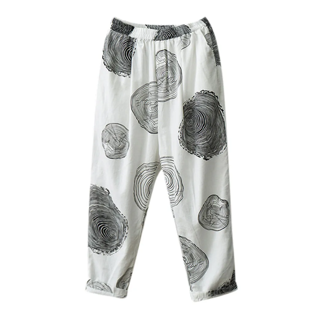 Feitong Women Casual Loose  Cotton and Linen  Print Trousers Loose Pant Wide Leg Casual loose Capry