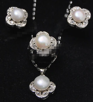 

free shipping 07549 White Akoya Cultured Pearl ring earrings necklace Pendant set (A0423)