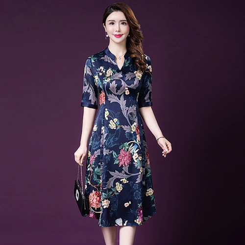 

2019 Spring Summer Fashion Silk Women Dress New Style Noble Middle Aged Mother Exquisite Printing Elegant Temperament Dresses