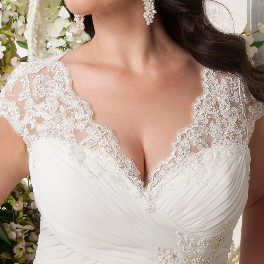 US $57.90 Jiayigong Cheap Plus Size Wedding Dresses Stock Cap Sleeve VNeck Lace Applique Chiffon Beach Wedding Dress Vestido De Novia