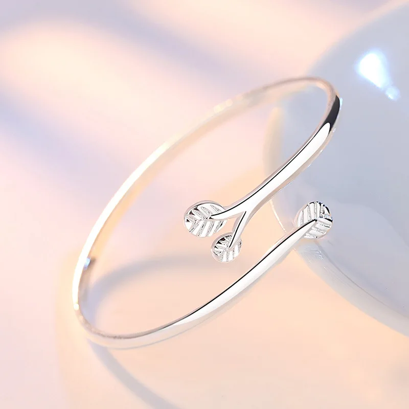 Милый открытый серебряный браслет листок Браслет манжета Femme Argent Love ювелирные