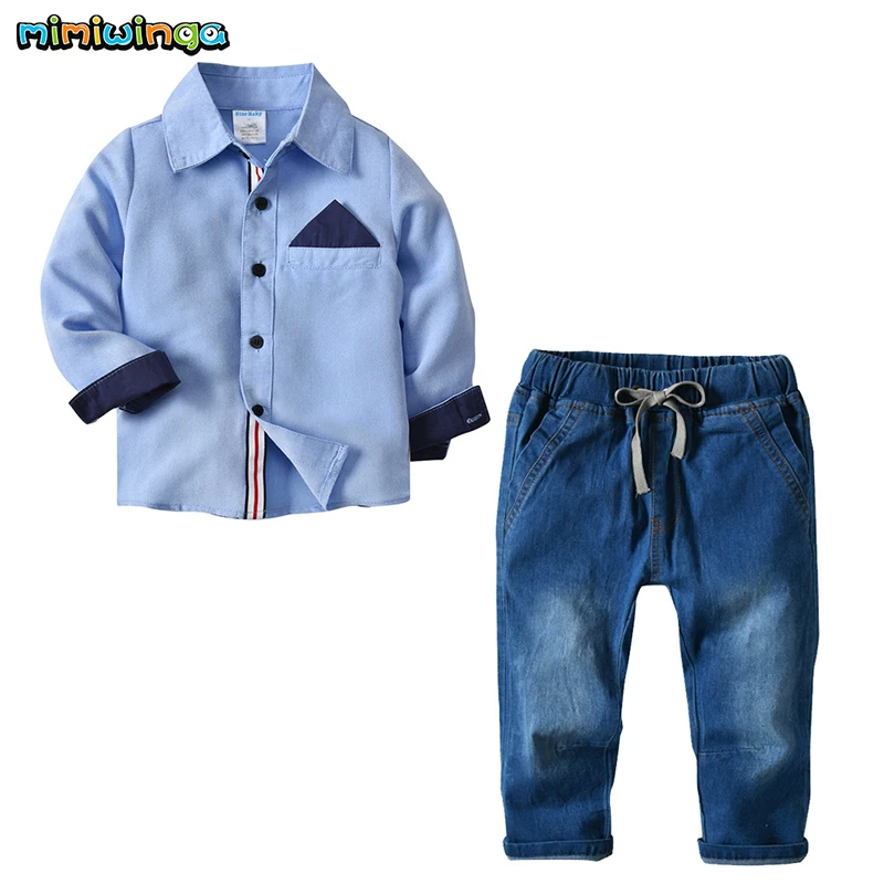 

Mimiwinga 2019 Spring Autumn Toddler Boys Clothes Set Solid Long Sleeve Shirt + Blue Elastic Jeans 2pcs Kids Suit Pure Cotton