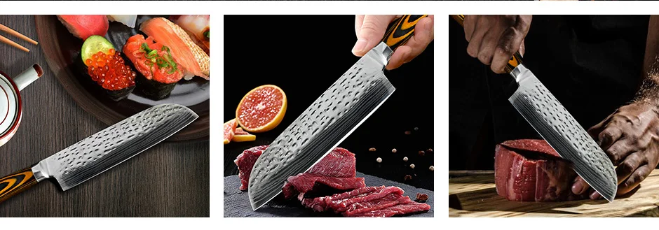 Ножи шеф-повара кухонный нож 7 дюймов японский 7CR17 440C высокоуглеродистой нержавеющей стали имитация Дамасского шлифовального лазерного Santoku нож