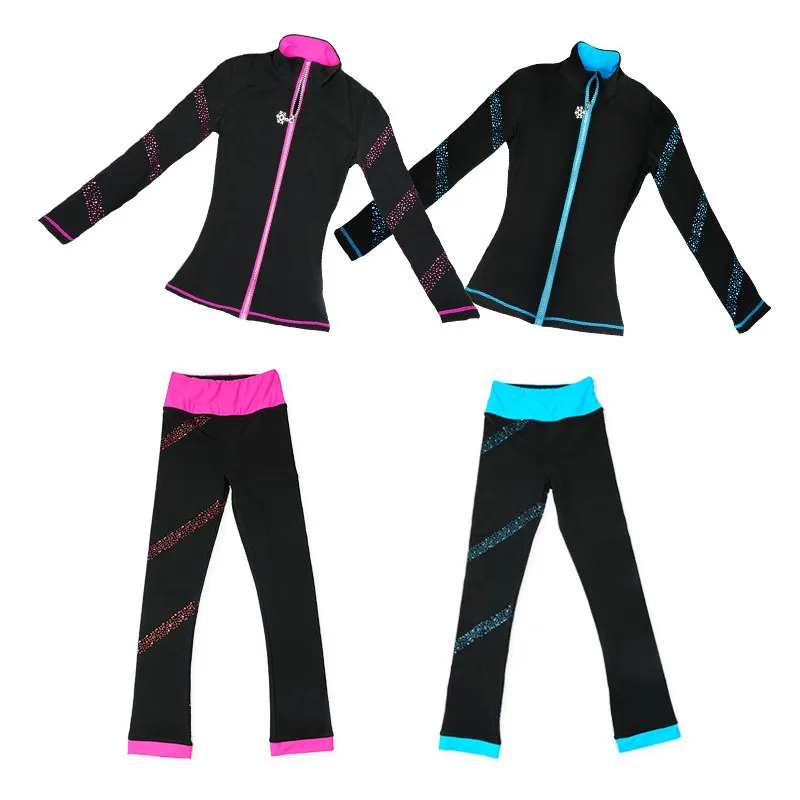 Костюмы для фигурного катания куртка и брюки длинные брюки для девочек женские тренировочные Patinaje Катание на коньках синие розовые блестящие стразы