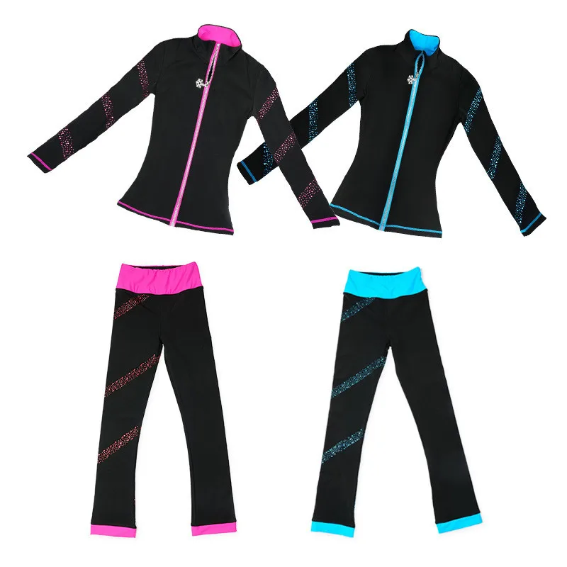 

Figure Skating Suits Jacket and Pants Long Trousers for Girl Women Training Patinaje Ice Skating Blue Pink Shiny Rhinestones