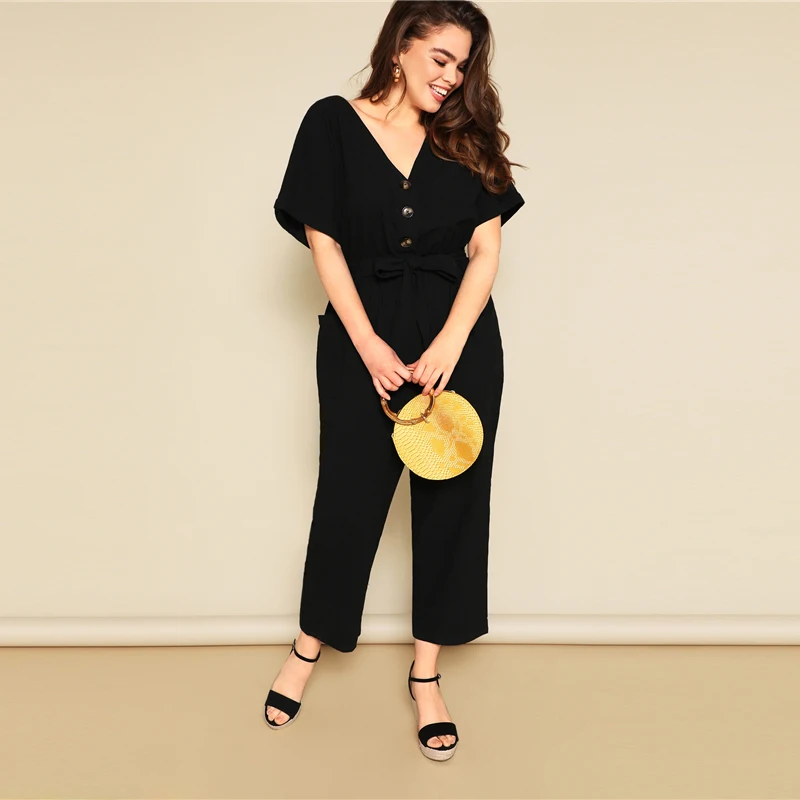 SHEIN Plus Size Button Front Wide Leg Belted Jumpsuit Women Spring Summer Casual V Neck Short Sleeve Longline Jumpsuits