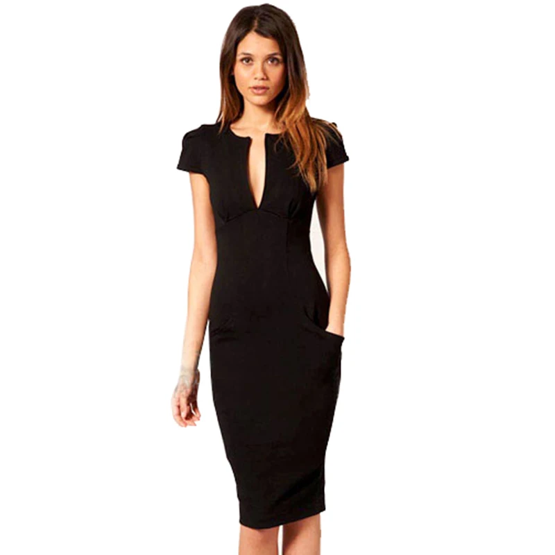 

H0028 New Top Fashion Noble Women V-Neck Short Sleeve Work Slim Knee-Length Pocket Party Elebrity Pencil Dresses Free shipping
